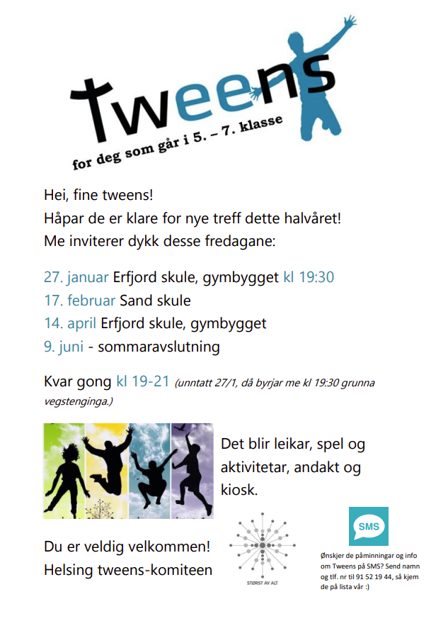 Plakat med datoer til Tweens møter.
27. jan, 17. feb, 14. april og 9. juni